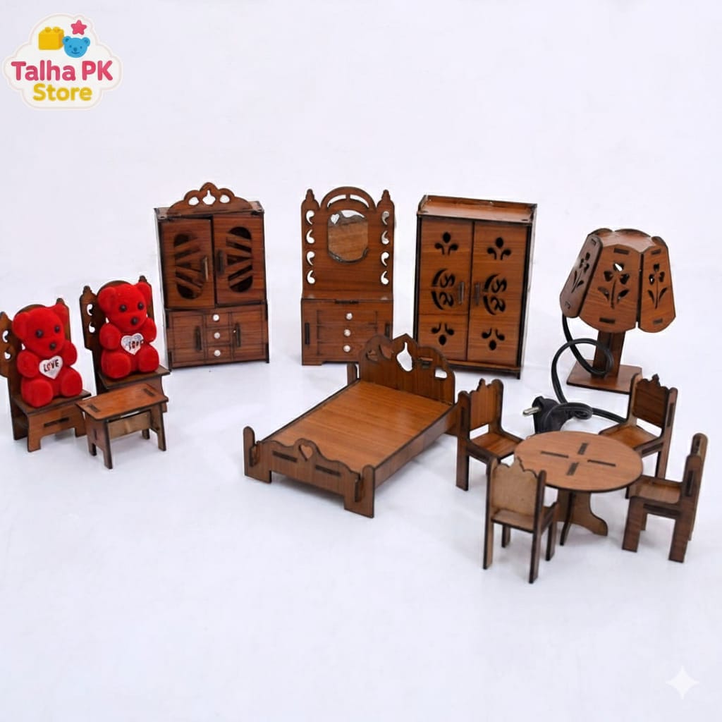 wooden Dollhouse Furniture Set – Bedroom & Dining Collection